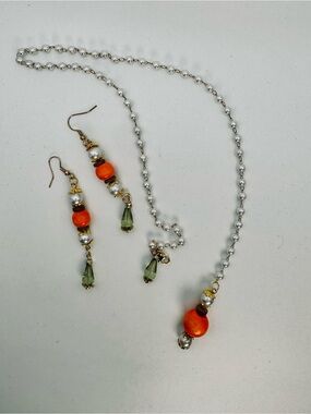 Upcycled Orange Wood Pearl Lariat Necklace Set - Convertible Y Necklace Earrings